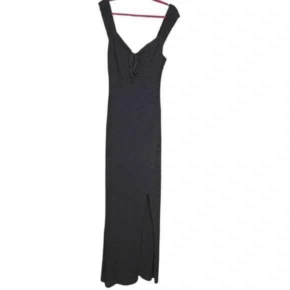 Free People Eleni Bodycon Maxi Dress Size M Black Smocked Side Slit - Picture 9 of 14